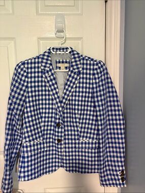 J. Crew Blue and White Gingham Blazer Jacket linen/cotton mix.